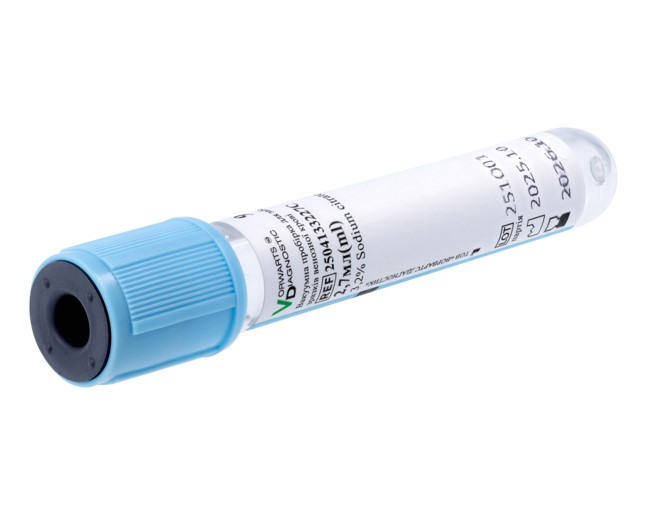 Вакуумна пробірка 3,6 мл, 13*75 мм, з цитратом натрію 3,8%, з блакитною кришкою, 100 шт. стерильна